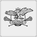 Lacrosse club emblem with falcon head. Print design for t-shirts.