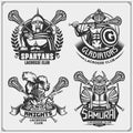 Lacrosse club emblems with ancient warriors. Print design for t-shirt. Royalty Free Stock Photo