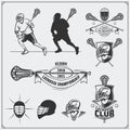 Lacrosse club labels, emblems, design elements and silhouettes of the players.