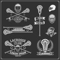 Lacrosse club labels, emblems, design elements and silhouettes of the players.