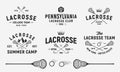 Lacrosse emblems, logos, badges templates. Set of 6 Lacrosse logos and 3 design elements. Lacrosse stick and ball isolated on whit