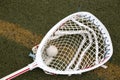 Lacrosse goalie stick with ball in the net Royalty Free Stock Photo