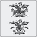 Lacrosse and hockey logos and labels. Sport club emblems with eagle.