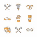 Lacrosse sport game vector line icons. Ball, stick, helmet, gloves, girls goggles. Linear colored signs set Royalty Free Stock Photo