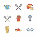 Lacrosse sport game vector line icons. Ball, stick, helmet, gloves, girls goggles. Linear colored signs set