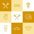 Lacrosse sport game vector line icons. Ball, stick, helmet, gloves, girls goggles. Linear signs set, championship