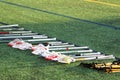 Stony brook,NY, USA April 6,2019. Lacrosse sticks lined up on the turf during a game.