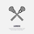 Lacrosse vector line icon. Ball and sticks logo, equipment sign. Sport competition illustration