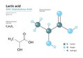 Lactic acid. AHA Alphahydroxy acid. Structural chemical formula and molecule 3d model. Atoms with color coding. Vector