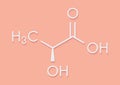 Lactic acid (L-lactic acid) milk sugar molecule. Building block of polylactic acid (PLA) bioplastic. Found in milk. Skeletal Royalty Free Stock Photo