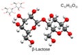 Chemical formula, structural formula and 3D ball-and-stick model of beta-lactose, white background