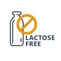 Lactose free icon - milk bottle icon with ban sign, package stamp