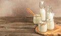 lactose-free milk and yogurt on a wooden background., Allergic food concept, Vegan diet, Long banner format Royalty Free Stock Photo