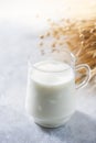 Lactose-free oat milk in a glass cup on a light background. Allergic food concept