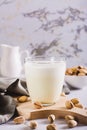 Lactose-free pistachio milk in a glass and nuts on the table vertical view Royalty Free Stock Photo