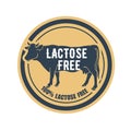 Lactose free product label with cow, icon with no lactose sign