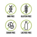 Lactose free, Sugar free, Gluten free, GMO free vector labels for food emblems designs, can be used as stamps, seals, badges, for Royalty Free Stock Photo