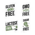 Lactose free, Sugar free, Gluten free, GMO free vector labels for food emblems designs, can be used as stamps, seals, badges, for Royalty Free Stock Photo