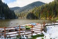 Lacul Rosu with snow, Red Lake, Romania Royalty Free Stock Photo