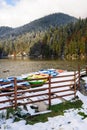 Lacul Rosu with snow, Red Lake, Romania Royalty Free Stock Photo