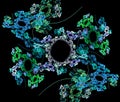 Lacy blue and green flowers in wreaths are stacked in a pattern on a black background. Abstract fractal background. 3d rendering.