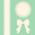 Lacy doilies with bow and ribbon on a green background. Greeting card design template. Vector paper napkin.