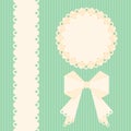 Lacy doilies with bow and ribbon on a green background. Greeting card design template. Vector paper napkin.