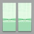 Lacy green cards with ribbon and bow. Template for wedding invitations, congratulations newborn and labels for the textile industr