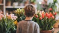 Lad behind back with bunch of beautiful tulips preparing nice surprise for mom
