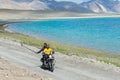 Rider at Pangong Lake view from Between Merak and Maan in Ladakh, Jammu and Kashmir, India