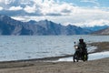 Riders at Pangong Lake view from Between Spangmik and Maan in Ladakh, Jammu and Kashmir, India