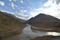 Confluence of the Zanskar River from top and the Indus River bottom, flowing from left to right in Ladakh, northern India. Royalty Free Stock Photo