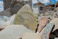 Mani Stone at Choglamsar Town in Ladakh, Jammu and Kashmir, India. Mani stones are stone plates as a Royalty Free Stock Photo