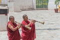 Ritual of monks at Matho Monastery Matho Gompa in Ladakh, Jammu and Kashmir, India.