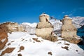 Ladakh in Winter. Chortens in the foreground and Stok Kangri range in the background can nbe seen, Leh-Ladakh, Jammu and Kahsmir,