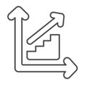 Ladder growth chart with steps going up and arrow thin line icon, diagram concept, graph vector sign on white background