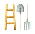 Ladder, hayfork and shovel as set of gardening equipment for spring advertising. Hand drawn in watercolor