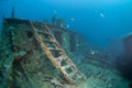 Ladder leading to the bow deck of a shipwreck. Royalty Free Stock Photo