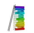Ladder leaning against rainbow colored books stack - graduation, wisdom or learning concept over white background