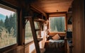 A ladder leaning up against a window in a cabin. AI generative image. Tiny house interior.