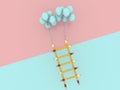 The ladder made of yellow pencil tilted sideways and a pink balloons tied ladder made of yellow pencil is floating, Isolated on pa