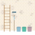 Ladder, Paint Roller And Paint Buckets Home Improvement