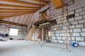 Ladder, parts of scaffolding and construction material on the floor during on the remodeling, renovation, extension Royalty Free Stock Photo