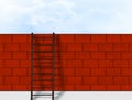 Ladder with shadow leaning against red brick wall and cloudy blue sky Royalty Free Stock Photo