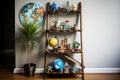 ladder shelf with travel souvenirs and world map