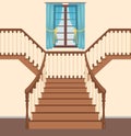 Ladder with steps, balusters and handrails. Stairs, classical stairsace with wooden banisters Royalty Free Stock Photo