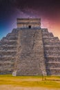 Ladder steps of temple Pyramid of Kukulcan El Castillo, Chichen Itza, Yucatan, Mexico, Maya civilization with Milky Way Galaxy Royalty Free Stock Photo