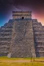 Ladder steps of temple Pyramid of Kukulcan El Castillo, Chichen Itza, Yucatan, Mexico, Maya civilization with Milky Way Galaxy Royalty Free Stock Photo
