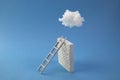 Ladder to blue sky with white cloud leans to white brick wall. Freedom, leadership, success concept. Royalty Free Stock Photo