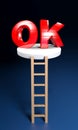Ladder to climb and reach OK red glossy write on flying platform - 3D rendering illustration